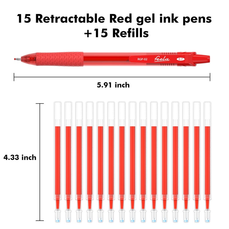 feela 30 Pack Retractable Red Ink Gel Pens Set Medium Point 15 Piece Fine Point Gel Pen with 15 Refills for Smooth Writing - Image 2